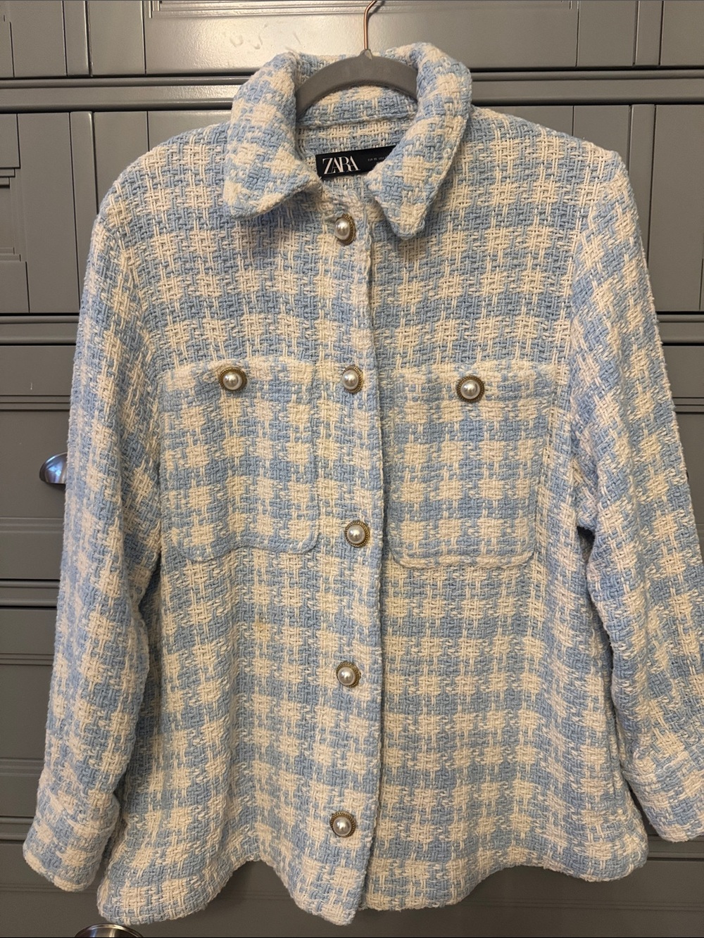 Zara Light Blue and Cream Tweed Pearl-Button Jacket